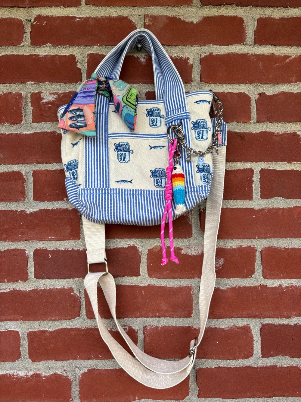 Madden Girl Viral Blue & Cream Striped Sardine Canvas Crossbody Bag with Charms